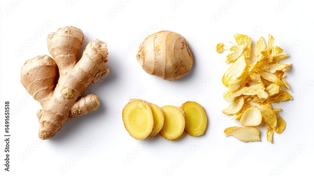Poster ginger root still life on white backdrop featuring whole sliced and dried forms overhead studio shot