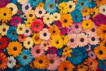 A colorful bouquet of gerbera daisies in various colors, including yellow and orange, pink and red, and blue and white, is neatly arranged together to create an eye-catching floral background.
