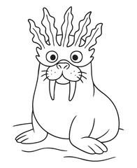 Coloring book walrus with small tusks wears a mask face made of seaweed.