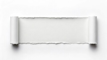 Blank white paper scroll with torn edges, rolled at both ends, ideal for messaging or artistic use.