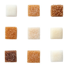 Sugar cubes white brown light brown dark brown arranged in grid colorful stripes background
