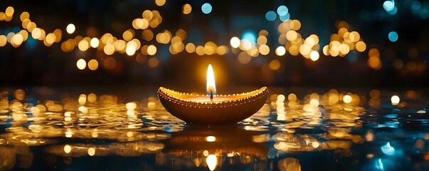 Obraz premium Lit candle, bokeh lights, water reflection, festival