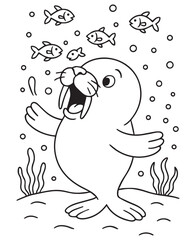 Coloring book walrus with small tusks swims underwater, surrounded by fish, seaweed, and bubbles