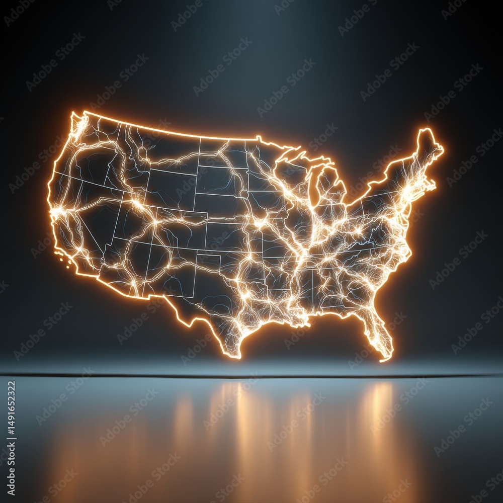 Poster United States map illuminated with glowing network lines on dark background studio shot visualizing connectivity infrastructure
