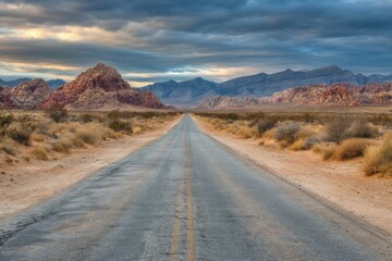 Fototapeta premium Desert Road Leading to Mountains Under Dramatic Sky, Eye-Level View in Valley of Fire State Park, Nevada