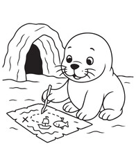 Obraz premium Coloring book baby walrus sits near a cave, marking a treasure map with an 