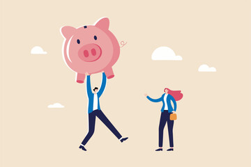 Investment return or income comparison, success and fail in savings or pension fund, being rich or wealthy concept, businessman holding small piggy bank while looking at other bigger pension fund.