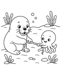 Coloring book sea lion plays tug-of-war with a smiling octopus underwater amongst seaweed and bubbles. 