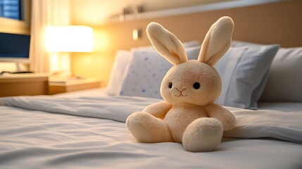 Plush bunny�rests on bed in hospital kids' room.