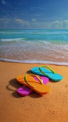 Colorful Flip Flops on Sandy Beach at Ocean Shoreline Summer Vacation Close Up Vertical