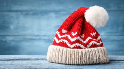Arafed hat with white pom pom placed on rustic wooden table in natural daylight, minimal background.