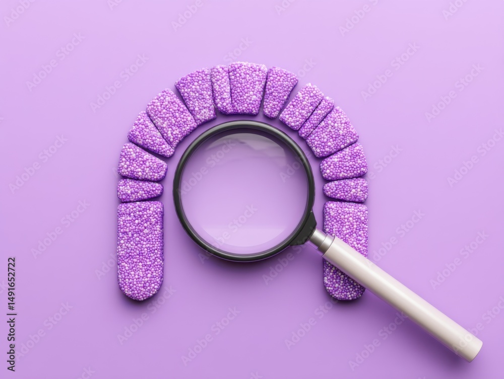 Poster magnifying glass over purple arch of textured blocks flat lay still life on solid color background s