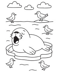 Coloring book walrus on an ice floe surrounded by seagulls under fluffy clouds