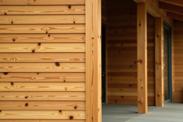 Architectural Detail of Light Wood Siding and Supporting Columns on a Modern Structure