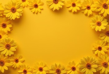 The yellow flowers are arranged in a square frame on a yellow background