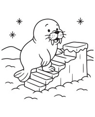 Coloring book  baby walrus with small tusks climbs up an ice floe under falling snowflakes. 