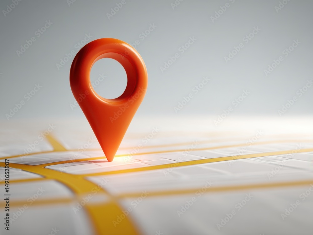 Poster Orange location pin marking spot on a map close up studio shot representing navigation and direction finding