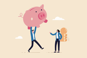 Investment return or income comparison, success and fail in savings or pension fund, being rich or wealthy concept, businessman holding small piggy bank while looking at other bigger pension fund.