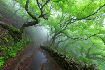 Fototapeta premium Serene forest path in misty weather featuring vibrant green foliage and stone wall in a scenic landscape