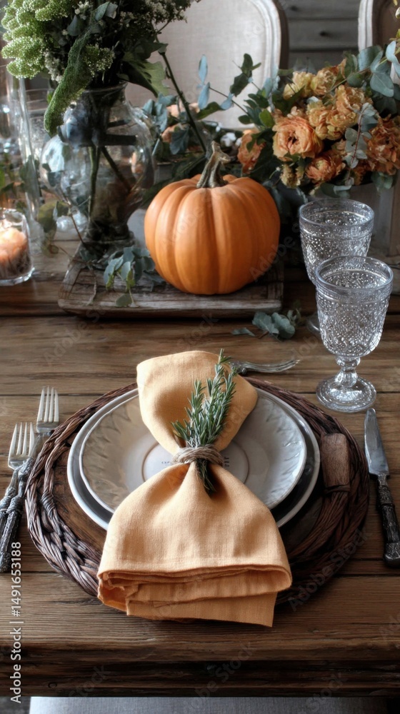 Poster rustic fall table setting with pumpkin centerpiece and linen napkin close up shot indoor