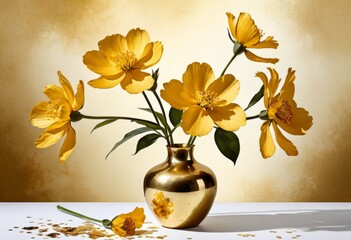 The yellow flowers are in a golden vase with a white table