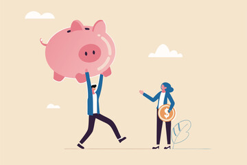 Investment return or income comparison, success and fail in savings or pension fund, being rich or wealthy concept, businessman holding small piggy bank while looking at other bigger pension fund.