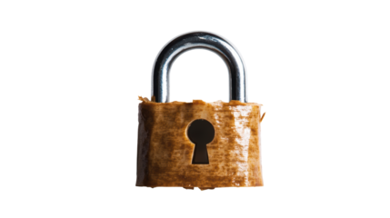 A brown padlock with a silver shackle is displayed against a stark white backdrop in a simple studio shot.