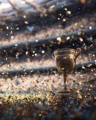 Golden Trophy Stands Amidst Shower of Confetti Symbolizing Victory and Achievement in Stadium Setting Close Up