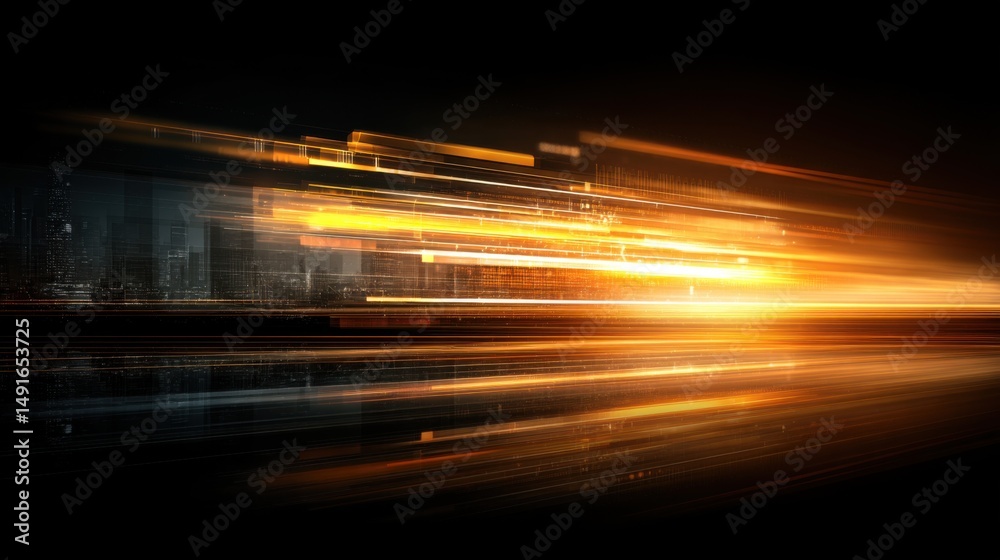 Poster golden light streaks through a dark cityscape abstract long exposure motion blur style futuristic te