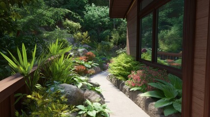 Obraz premium Lush Garden Path Tranquil Retreat Beside Home.