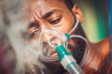 Close-up of African American man using nebulizer mask for respiratory treatment indoors, health and wellness, medical equipment