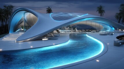 Futuristic Villa Elegant curve design with pool and modern luxury at dusk.