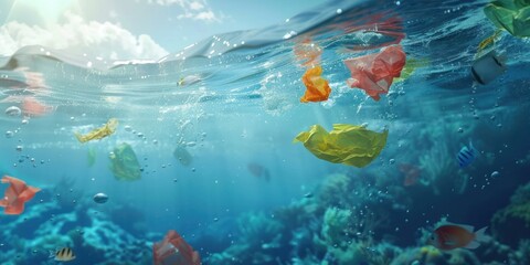 A colorful underwater scene with plastic bags and fish swimming around.