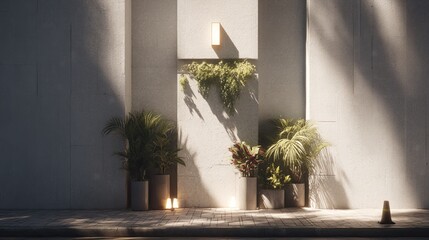 Urban Oasis Plants flourish against a textured concrete wall Sunlight.