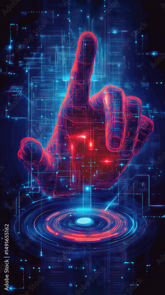 Poster a hand pointing to a red button in a blue background. the image is a representation of a computer in