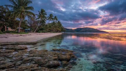Tropical beach paradise at sunset with palm trees and coral reef in Fiji, wide angle landscape shot, serene and peaceful