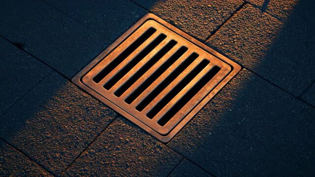 Industrial roadside element concept. A metallic storm drain grate illuminated by warm light set into textured pavement tiles