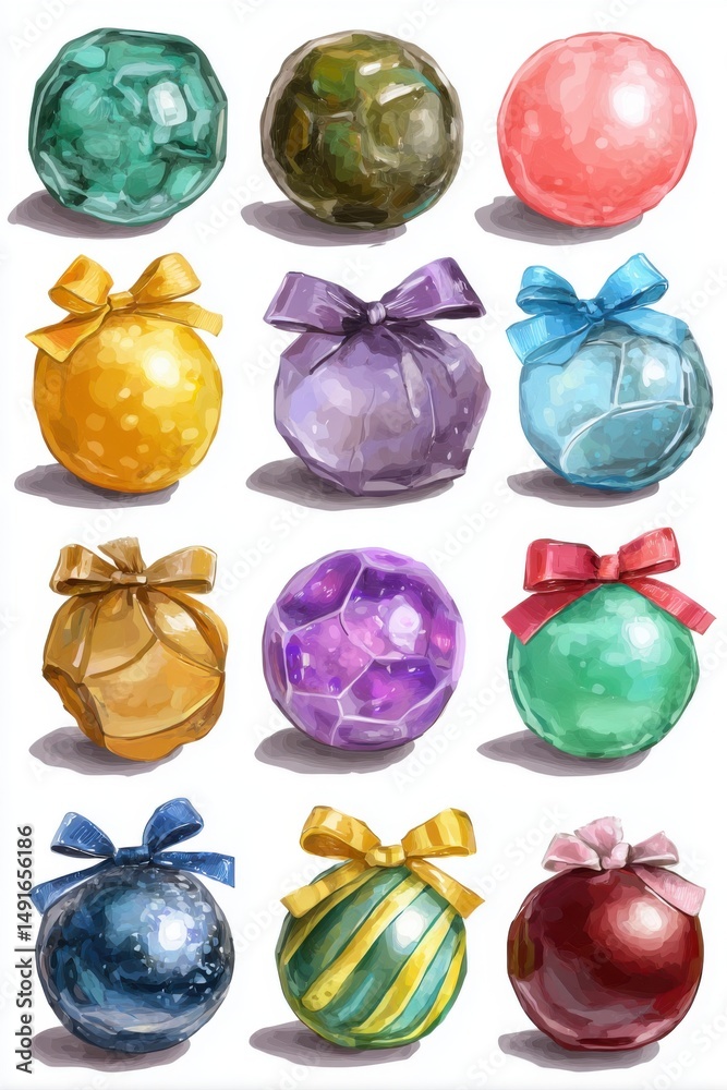 Poster Watercolor spheres with bows in various colors arranged in a grid pattern on a white background illustration