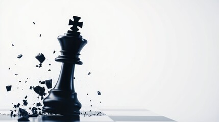 A black chess king piece shattering against a white background, symbolizing defeat or change