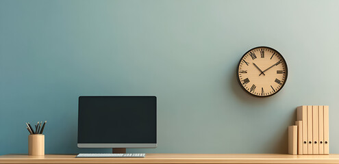 Modern office desk setup featuring a computer clock and office supplies against a teal wall
