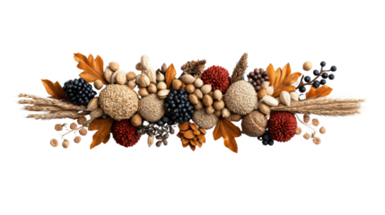 An elegant seasonal autumnal arrangement features mixed nuts berries leaves and rustic natural elements.