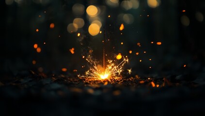 Close-up of a sparkler burning in the dark, with a blurred background and a bokeh effect.