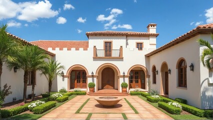 Fototapeta premium Spanish Style Home with Central Courtyard and Stucco Walls in Warm Natural Light