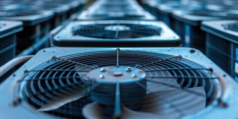 A row of industrial air conditioning units in a factory setting.