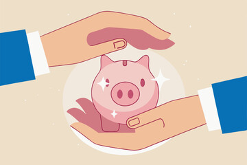 Financial risk assurance, protect money from inflation or economic crisis, insurance, tax or wealth management concept, strong businessman hand shielding protect piggy bank saving money box.