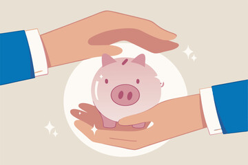 Financial risk assurance, protect money from inflation or economic crisis, insurance, tax or wealth management concept, strong businessman hand shielding protect piggy bank saving money box.