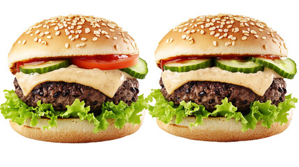 Big burgur made from natural organic meat and vegetables cooked in a josper for a festive party on a white background