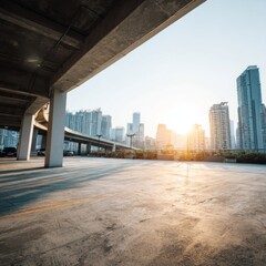 Empty Parking Deck Overlook at Sunrise, Concrete Structure with City Skyline, Urban Landscape, Low Angle View, Guangzhou