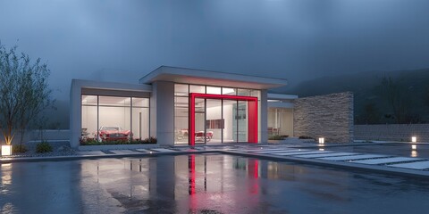 Dream Home Modern Luxury with Classic Car Collection at Twilight.