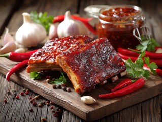 Delicious barbecued ribs with chili sauce on wooden board studio shot food photography gourmet meal